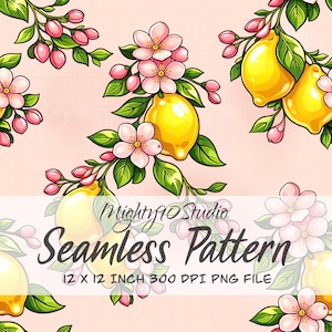 Lemon Floral Seamless Pattern, Pink Blossoms (PNG Digital Paper)