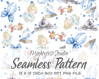 Princess Seamless Pattern: Glass Slipper Carriage, Powder Blue (PNG Digital Paper 12x12 300 DPI)