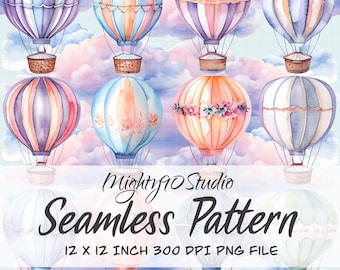 Watercolor Hot Air Balloons Seamless Pattern, Pastel Sky (PNG Digital Paper)