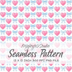 Pink Heart Blue Bow Seamless Pattern | Pastel Repeat (Digital Download)