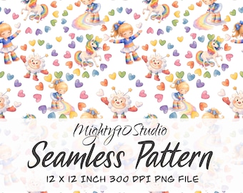 Pastel Rainbow Unicorn Girl Watercolor Seamless Pattern (Digital Download)