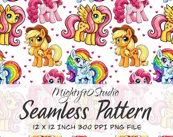 Rainbow Pony Cartoon Seamless Pattern (Digital Download)