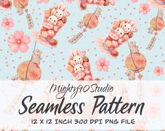 Bunny Parfait Seamless Pattern: Floral Lanterns, Light Teal (PNG Digital Paper)