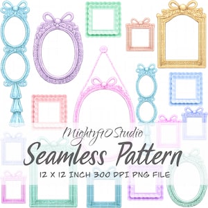 May include: A collection of watercolor-style picture frames in various shapes and pastel colors, including pink, blue, green, and gold. The frames feature ornate details and bows. The text "Seamless Pattern" and "12 x 12 inch 300 DPI PNG FILE" are also visible.