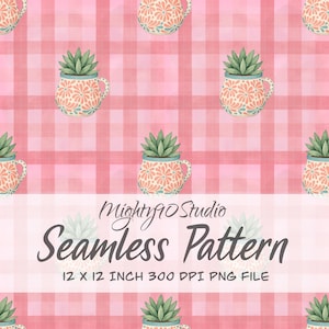 Pink Gingham Succulent Pattern | 12x12 PNG (Digital Download)