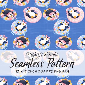 May include: Seamless pattern featuring cartoon penguins in inner tubes on a blue background. The penguins wear hats and swimsuits. The inner tubes are pink, blue, and yellow. The text "Mighty90 Studio Seamless Pattern" is at the bottom. The file size is 12 x 12 inches.