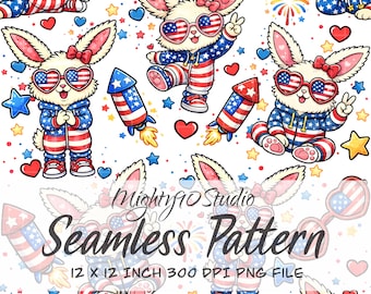 Star-Spangled Bunnies Seamless Pattern PNG Cute Patriotic Red White Blue Bunnies Fireworks Rockets, 300 DPI Digital Paper