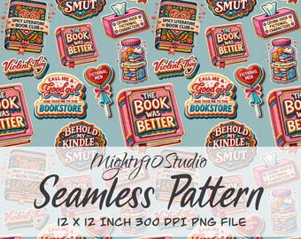 Retro Book Patch Seamless Pattern PNG: Pink, Teal Typography Art (12x12 Inch, 300 DPI)