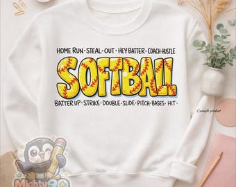 Softball Word Art PNG: Yellow Bubble Letters Design (Digital Download)