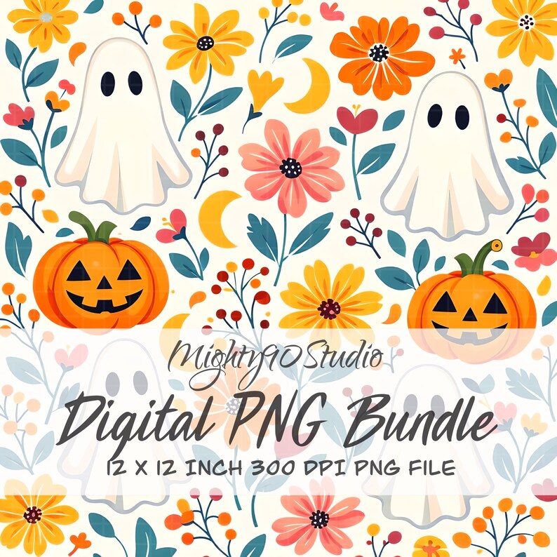 Digital PNG Bundle Dark Floral Ghosts Pumpkins Illustrations 3600x3600 300 DPI Clipart Set