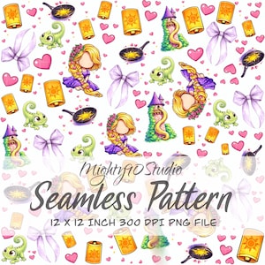 May include: A seamless pattern featuring illustrations of a princess with long blonde hair, a green chameleon, a frying pan, a tower, lanterns, pink hearts, and white bows on a white background. The text "Seamless Pattern" and "12 x 12 inch 300 DPI PNG FILE" are also present.
