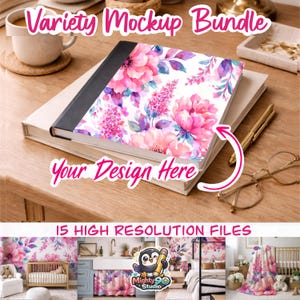 May include: A notebook with a floral design featuring pink and purple flowers, with the text "Your Design Here" and "Variety Mockup Bundle". The notebook is on top of a stack of books.