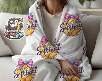 Softball Logo Pattern Velveteen Plush Blanket | Pink Bow Softball Design