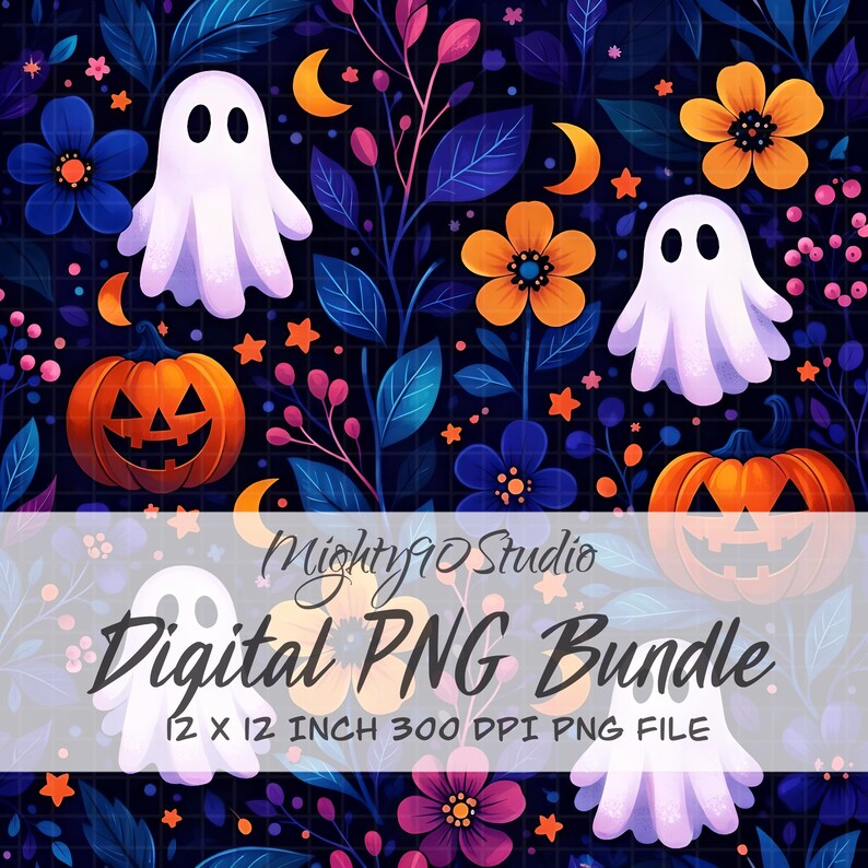 Digital PNG Bundle Dark Floral Ghosts Pumpkins Illustrations 3600x3600 300 DPI Clipart Set