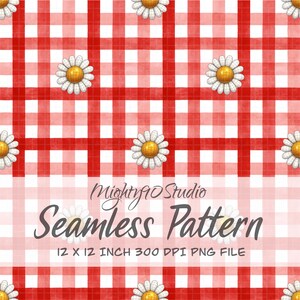 Red Gingham Daisy Seamless Pattern PNG | 12×12 Inch Digital Download | Floral Checkered Repeat