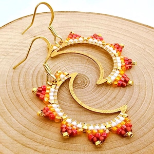 Miyuki Beaded Moon Earrings • Gold & Red • Poetic and Elegant • Handmade in Quebec, Canada