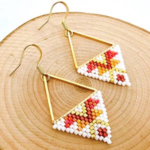 Triangle Miyuki Beaded Earrings • Gold, Red & White • Refined, Modern and Stylish • Handmade in Quebec, Canada