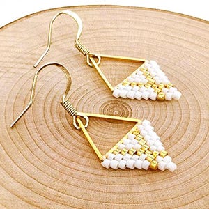 Miyuki Beaded Triangle Earrings • Gold & White • Minimalist, Delicate and Elegant • Handmade in Quebec, Canada