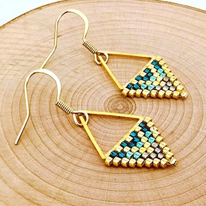 Miyuki Beaded Triangle Earrings • Gold & Turquoise • Minimalist, Delicate and Elegant • Handmade in Quebec, Canada