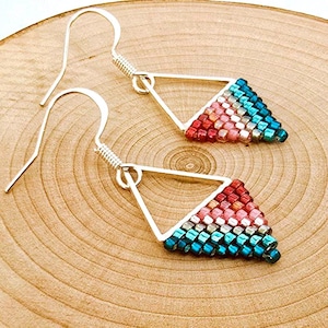 Miyuki Beaded Triangle Earrings • Silver & Unicorn • Minimalist, Delicate and Elegant • Handmade in Quebec, Canada