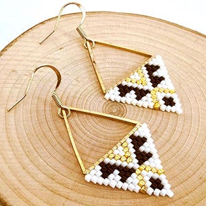 Triangle Miyuki Beaded Earrings • Gold, Black & White • Refined, Modern and Stylish • Handmade in Quebec, Canada