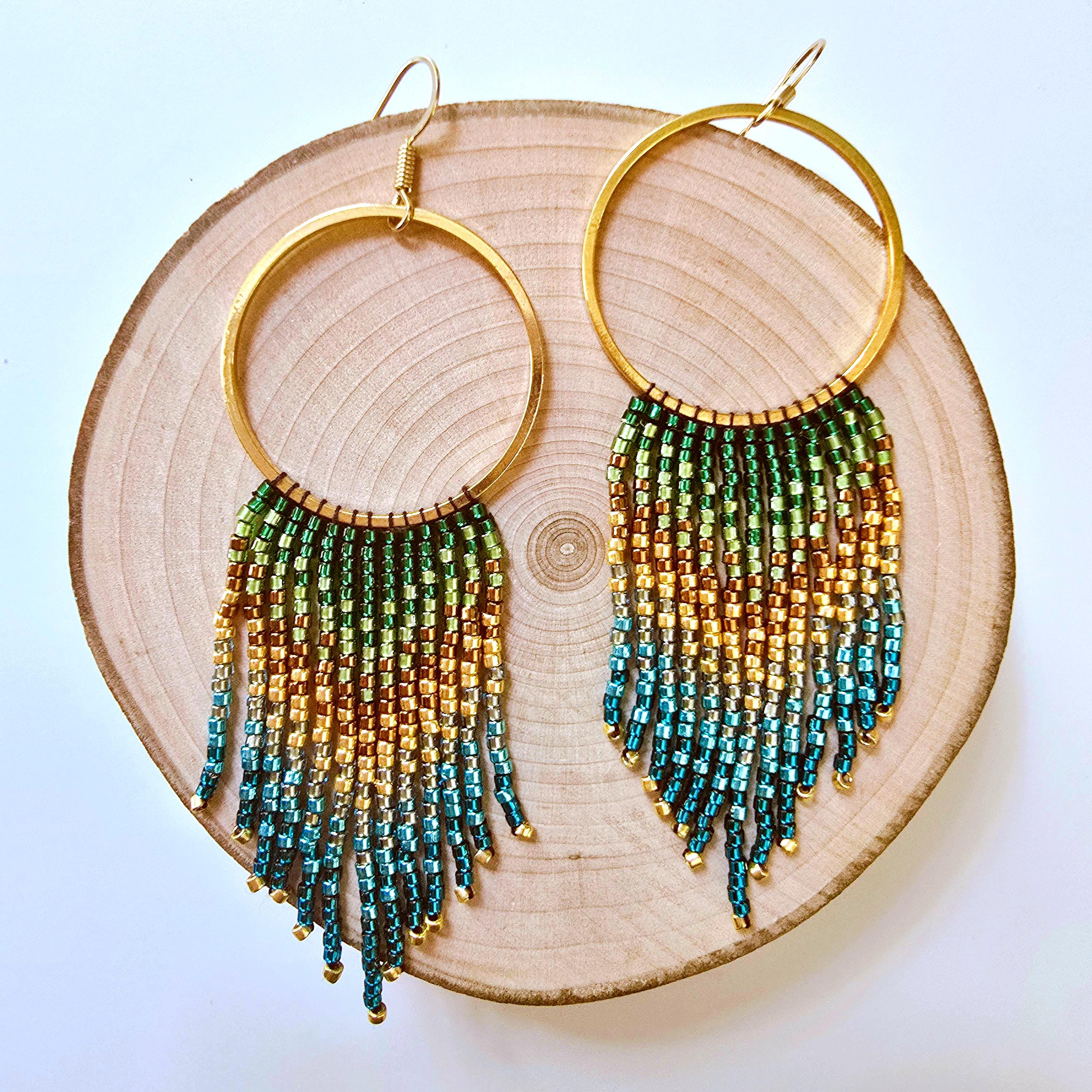 Boucles D'oreilles Pendantes En Perles De Rocailles Fait Main - 12.5 X 3.5 Cm, Dormeuses