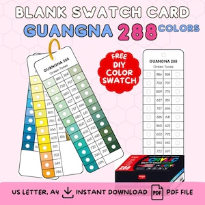 Puede incluir: Imagen de tarjetas de muestras en blanco con el texto "GUANGNA 288 COLORS" y "FREE DIY COLOR SWATCH". Las tarjetas muestran muestras de color en varios tonos de verde, azul y amarillo. También se ve una caja de rotuladores de pincel acrílico. La imagen incluye el texto "US LETTER, A4, INSTANT DOWNLOAD, PDF FILE".