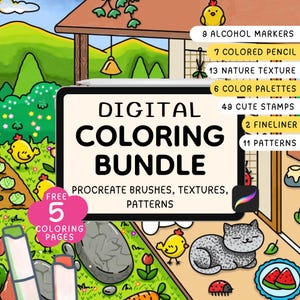 Pode incluir: Pacote de coloração digital com pincéis, texturas e padrões Procreate. Inclui 9 marcadores de álcool, 7 lápis de cor, 13 texturas de natureza, 6 paletas de cores, 49 selos fofos, 2 fineliners e 11 padrões. 5 páginas para colorir grátis.