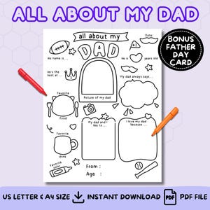 All About My Dad Printable Fathers Day Questionnaire Fill In The Blank DIY Fathers Day Coloring Page Activity Kids Gift for Dad