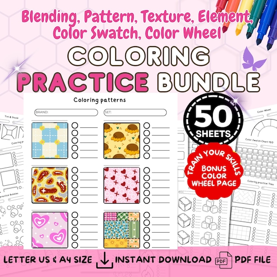 Coloring Practice Sheets Blending Texture Swatch Charts PDF Pattern