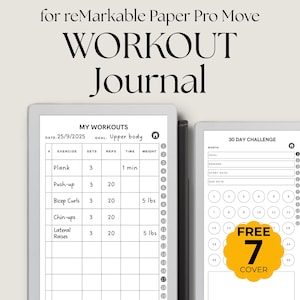 Puede incluir: Un diario de entrenamiento digital con el título "WORKOUT Journal" y el texto "MY WORKOUTS" y "30 DAY CHALLENGE". El diario incluye secciones para ejercicios, series, repeticiones, tiempo y peso. El diario también tiene una pegatina "FREE 7 COVER".