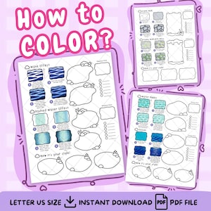 May include: A digital download featuring three printable pages with coloring tutorials. The pages include instructions for wave and water effects, stone walls, and water ripples. The text "How to COLOR?" is at the top. The file is Letter US size and available as a PDF.
