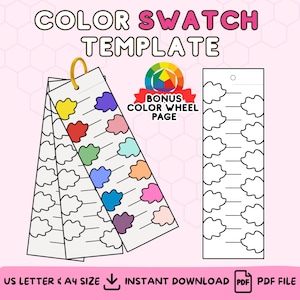 May include: Printable colour swatch template with 12 colour swatches and a bonus colour wheel page. The template is designed for US Letter or A4 size paper.