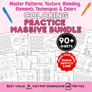 May include: A coloring practice massive bundle with over 90 sheets. The image features various coloring practice sheets with illustrations of trees, stars, clouds, and more. Includes a bonus swatch card. The text says "Best Value" and "Instant Download".
