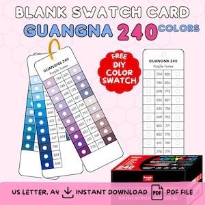 Puede incluir: Un conjunto de tarjetas de muestra en blanco con el texto "GUANGNA 240 COLORS" y "FREE DIY COLOR SWATCH". Las tarjetas muestran muestras de color en tonos de azul y morado. También se ve una caja de rotuladores.