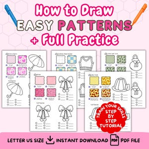 Pode incluir: Um PDF imprimível rosa e branco com o texto "How to Draw Easy Patterns + Full Practice". As páginas apresentam exercícios de desenho de padrões, incluindo corações, guarda-chuvas e laços. A frase "Train Your Skills Step by Step Tutorial" também é visível.