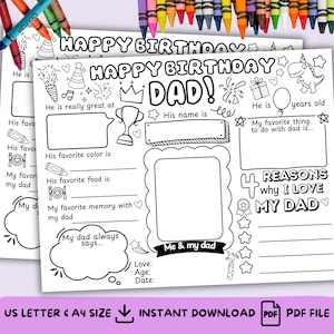 Op de afbeelding: Twee afdrukbare "Happy Birthday Dad" activiteitenvellen met invulsecties, decoratieve elementen en de tekst "US LETTER & A4 SIZE" en "INSTANT DOWNLOAD PDF PDF FILE". Kleurpotloden zijn zichtbaar op de achtergrond.