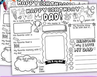 Happy Birthday Dad Coloring Page Kids Activity Placemat PDF Printable Card