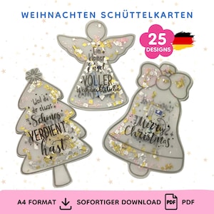 Weihnachten Schüttelkarten, Verpackung für Geld Gutscheine, Download Bastelvorlagen, Konfettitüten, Wunscherfüller Last Minute Karte, Weihnachten Schüttelkarten DIY als digitale Bastelvorlage zum Ausdrucken, Geldgeschenk Weihnachten Basteln mit Schüttelkarten Vorlage im PDF Download image 1