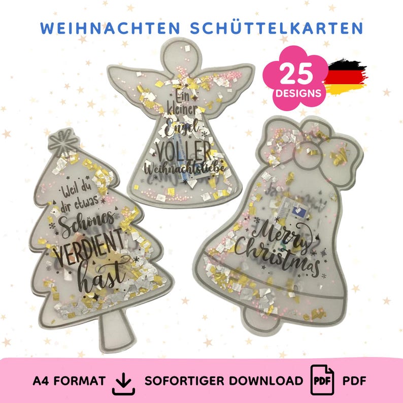 Weihnachten Schüttelkarten, Verpackung für Geld Gutscheine, Download Bastelvorlagen, Konfettitüten, Wunscherfüller Last Minute Karte, Weihnachten Schüttelkarten DIY als digitale Bastelvorlage zum Ausdrucken, Geldgeschenk Weihnachten Basteln mit Schüttelkarten Vorlage im PDF Download image 1