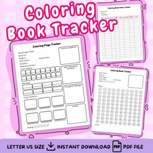 Op de afbeelding: Een digitaal afdrukbare kleurboektracker met de tekst "Coloring Book Tracker" in roze. De tracker bevat secties voor boektitel, paginadetails en een paginatracker. De onderkant van de afbeelding zegt "Letter US Size" en "Instant Download PDF PDF File."