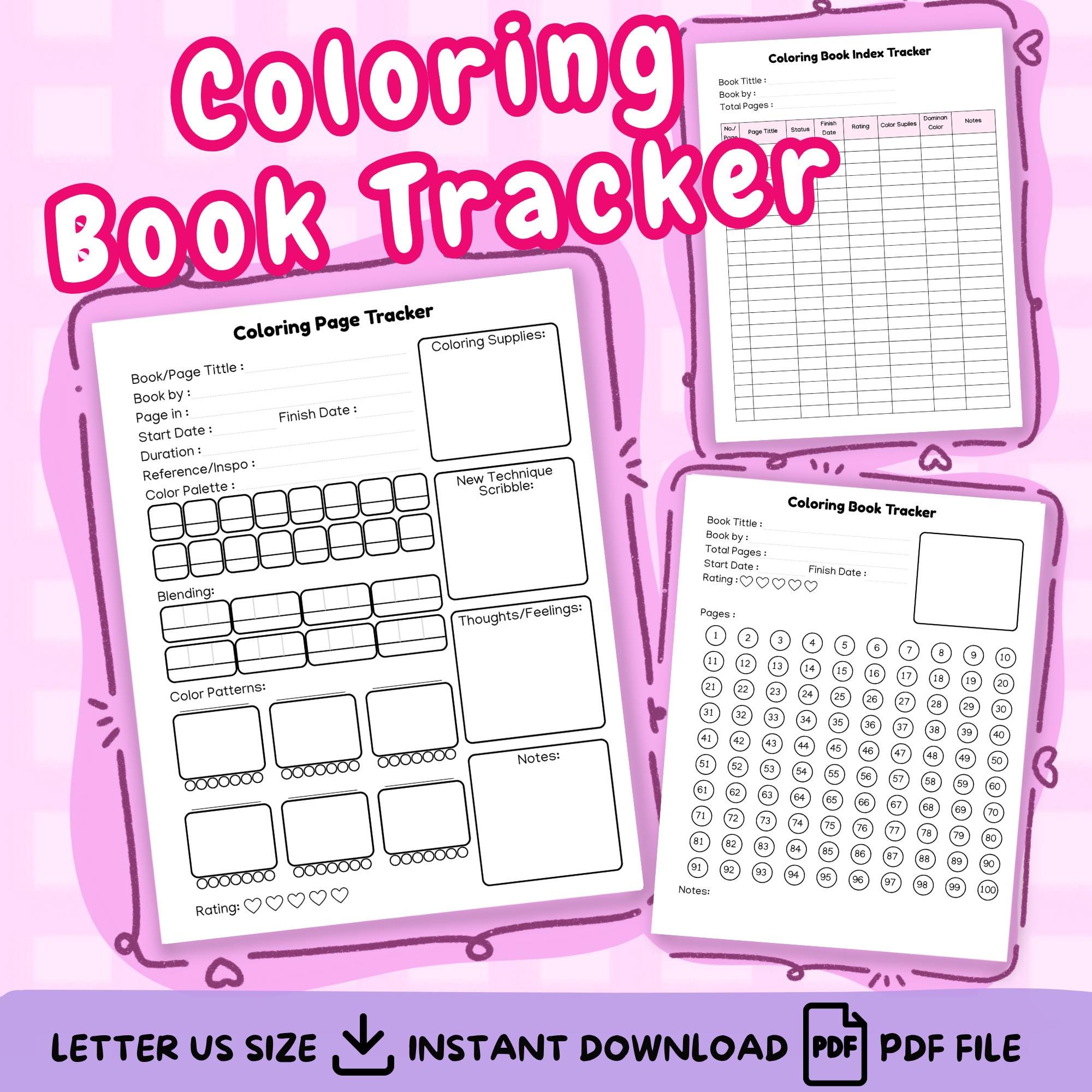 Coloring Book Tracker Printable | Progress Log, Supply Organizer & Marker Swatch | Instant Download PDF for Artists & Hobbyists