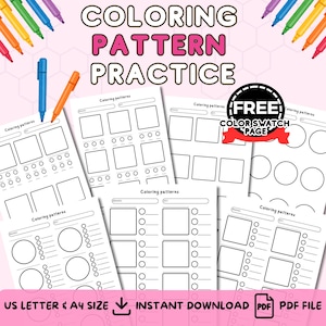Könnte beinhalten: Ausdruckbare Malvorlagen für Kinder mit Mustern. Die Arbeitsblätter zeigen verschiedene geometrische Formen und Muster zum Ausmalen. Der Text auf der Seite lautet "Coloring Patterns" und "Free Color Swatch Page".