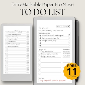 May include: A digital to-do list template for reMarkable Paper Pro Move. The image shows two tablets with a to-do list and index. The to-do list includes sections for top priorities and a to-do list with due dates. The text "Tiny steps still count a progress" is at the bottom.