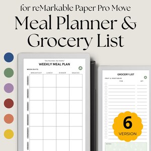 May include: Digital meal planner and grocery list template for reMarkable Paper Pro Move. The image shows two tablets with a weekly meal plan and a grocery list. The grocery list has a yellow sticker with the number 6 and the word "VERSION".