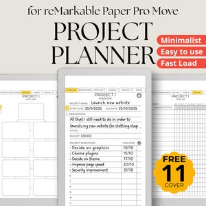 Op de afbeelding: Een digitale projectplanner met de titel "PROJECT PLANNER" in grote zwarte letters. De planner bevat secties voor projectmijlpalen, een tijdlijn en een budget. De tekst "Minimalist, Easy to use, Fast Load" is ook zichtbaar.