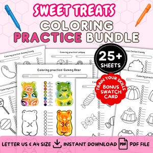 Puede incluir: Un paquete de práctica de colorear Sweet Treats con más de 25 hojas. El paquete incluye páginas para colorear de ositos de goma, piruletas y algodón de azúcar. El texto incluye "Bonus Swatch Card", "Instant Download" y "PDF File".
