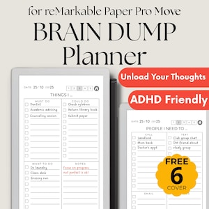 Op de afbeelding: Een digitale planner met de tekst "BRAIN DUMP Planner" en "ADHD Friendly". De planner bevat secties voor takenlijsten, notities en een kalender. De afbeelding bevat ook de tekst "Unload Your Thoughts."