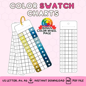 Op de afbeelding: Kleurenstalenkaarten met een bonuskleurenwielpagina. De kaarten zijn wit met een gouden ring en bevatten kleurstalen in tinten geel, blauw en blauwgroen. De tekst luidt "Kleurenstalenkaarten" en "Direct downloaden".