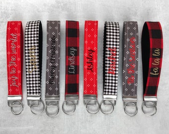 Personalized Holiday Keychains for Her - Custom Christmas Key Fobs for Women - Wristlet Strap with Name - Stocking Stuffer - Great Gift Idea